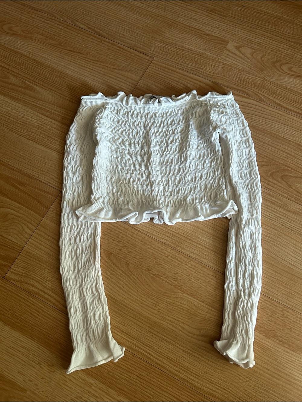 Zara White Smocked Off the Shoulder Cropped Top Small